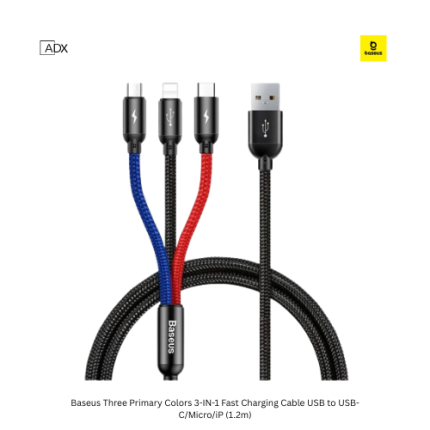 Baseus Three Primary Colors 3-IN-1 Fast Charging Cable USB to USB-C/Micro/iP (1.2m)