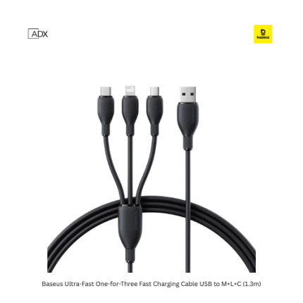 Baseus Ultra-Fast One-for-Three Fast Charging Cable USB to M+L+C (1.3m)